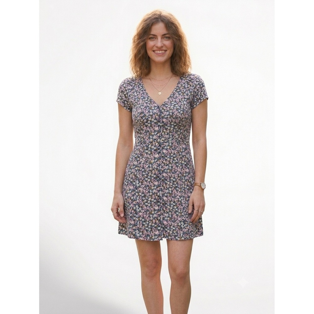 Arizona Jean Co Floral Mini Dress Purple Blue Ditsy Print Button Front Size L - Picture 2 of 11